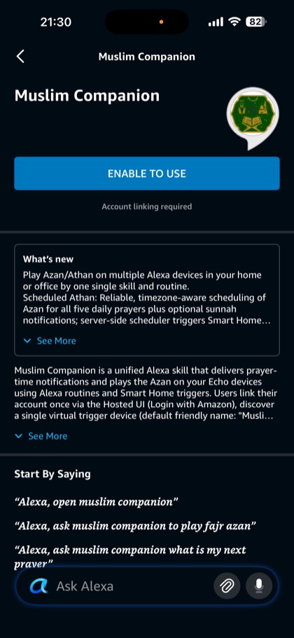 Muslim Companion skill page in the Alexa app with the Enable to Use button