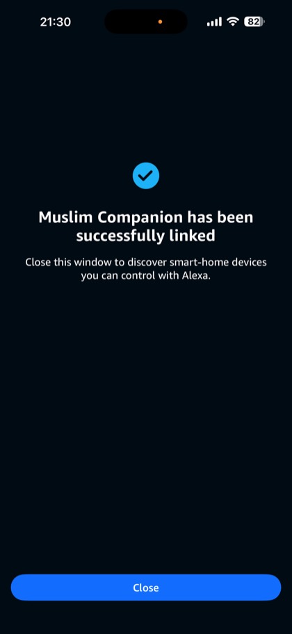 Alexa app message: Muslim Companion has been successfully linked