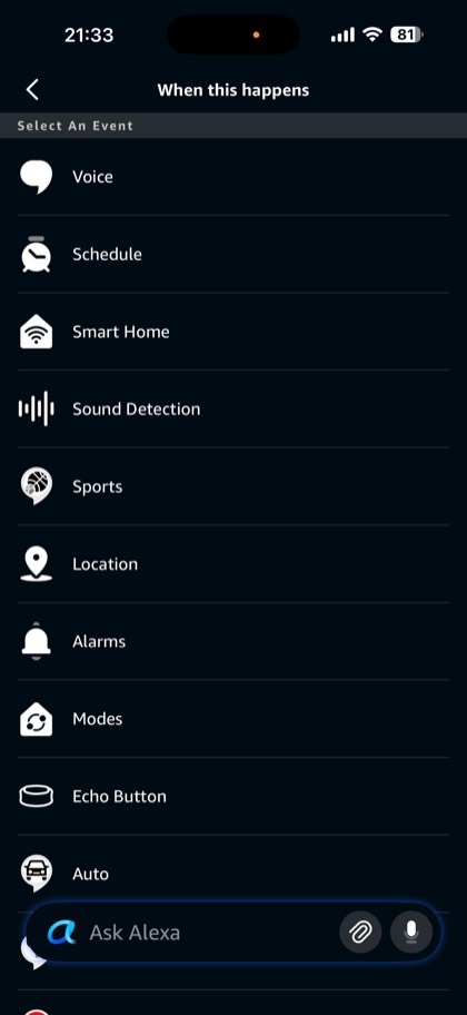 Routine trigger list in the Alexa app with Smart Home