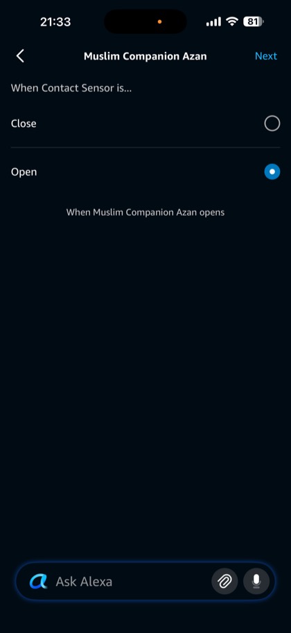 Muslim Companion Azan trigger with Open selected